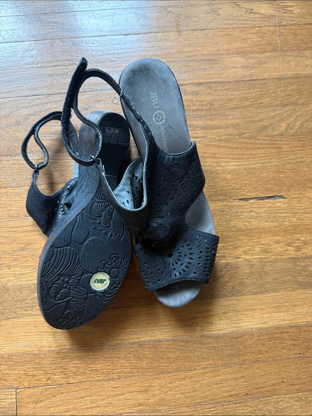 JBU Black Laser-Cut Slingback Wedge Sandals